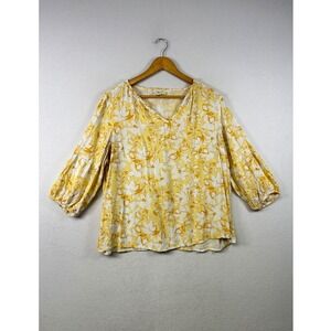 COMO BLU Women 1X Yellow Floral 3/4 Sleeve V Neck Tunic Top‎ Rayon